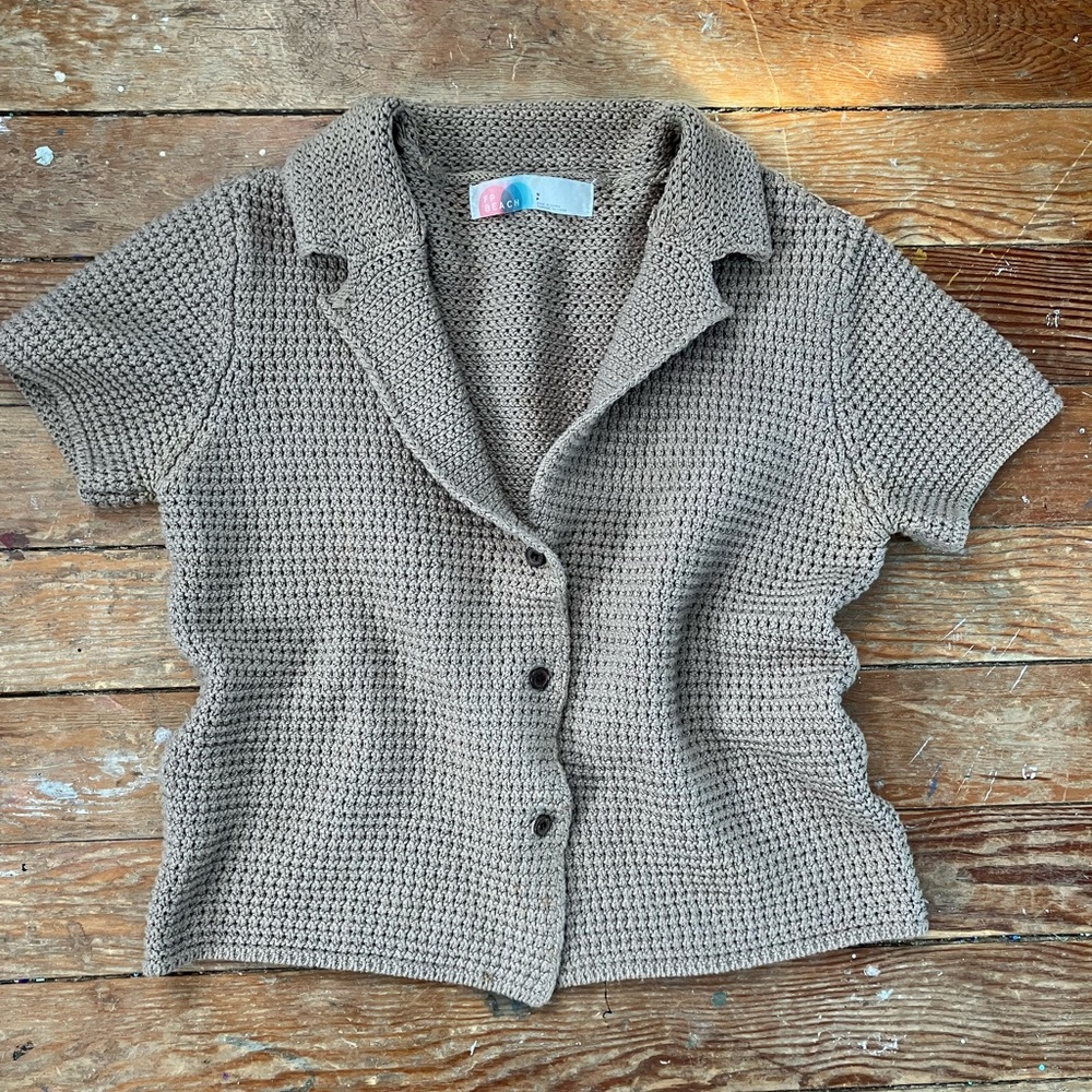 Free People Tan Knit Button-Up Top